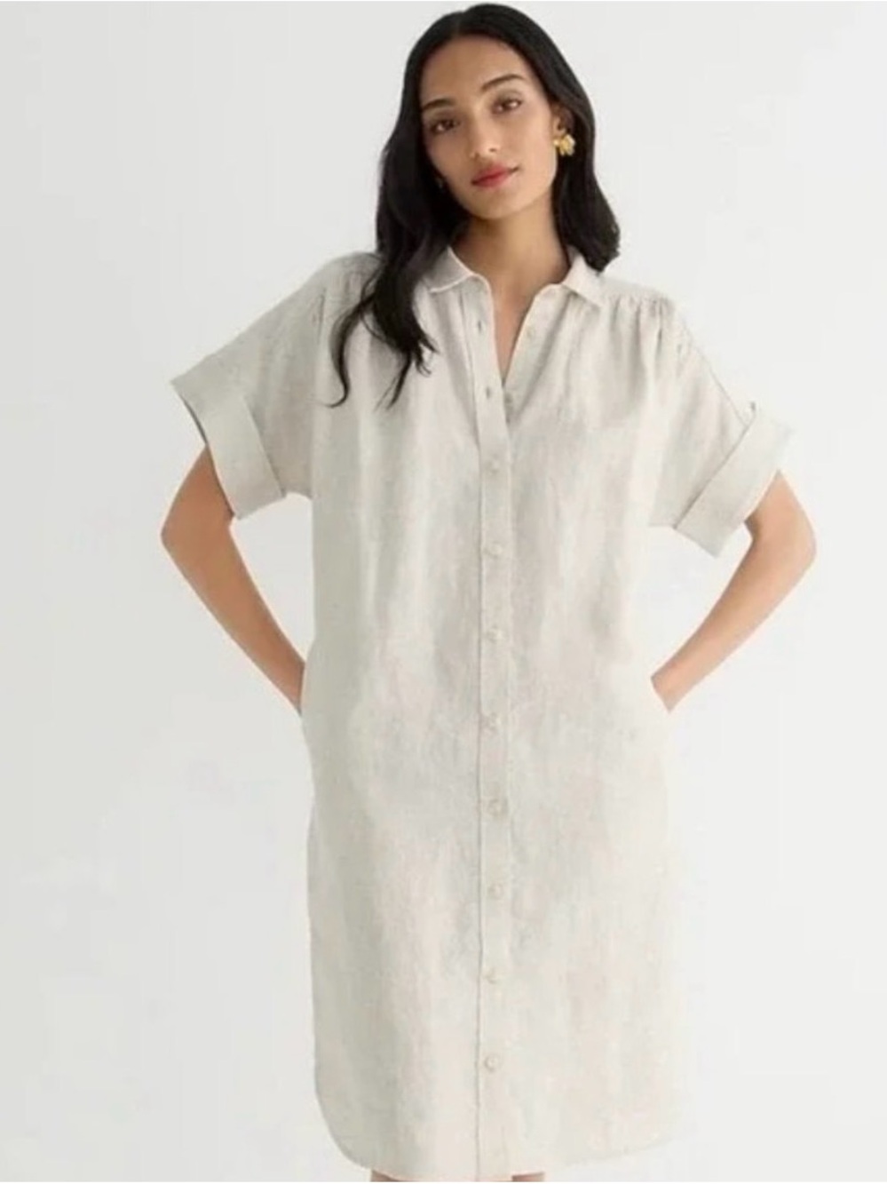 New J. Crew Linen Utility Shirt Dress Cream front button Flax BJ042 pokets